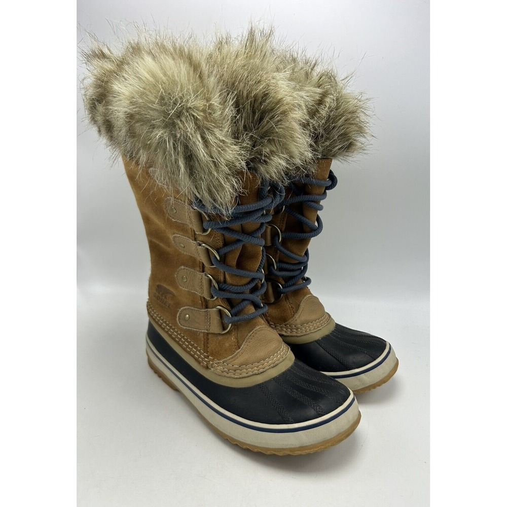 Sorel Snow Boots Womens 5.5 Joan Arctic Tall Tan Suede Navy Waterproof Faux Fur